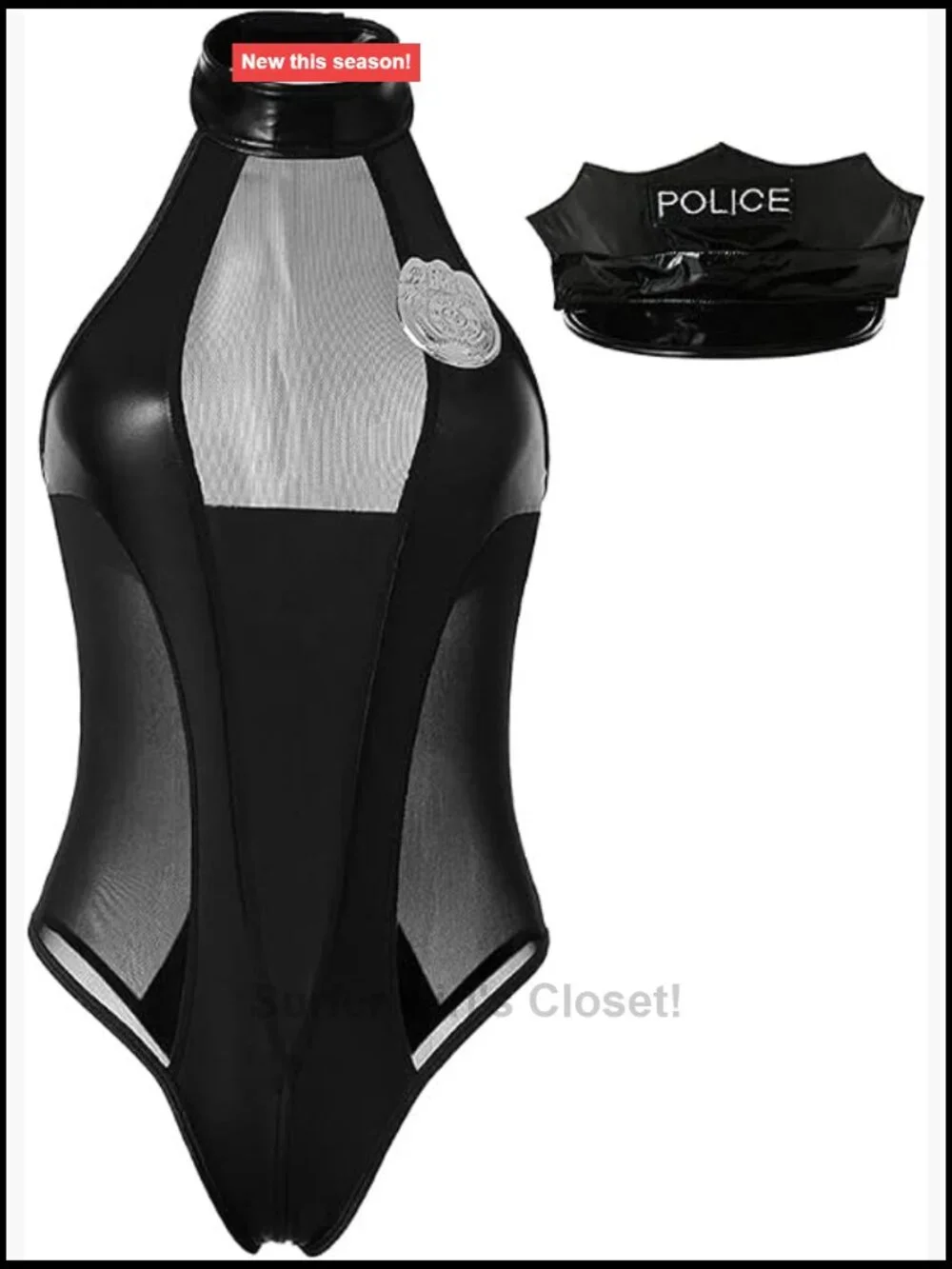 Sexy Police Officer Costume Lingerie Mesh Teddy Bodysuit with Badge Headpiece